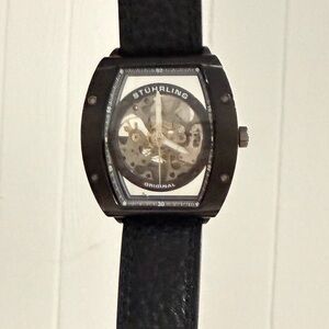 Stuhrling Black Skeleton Leather Strap Watch